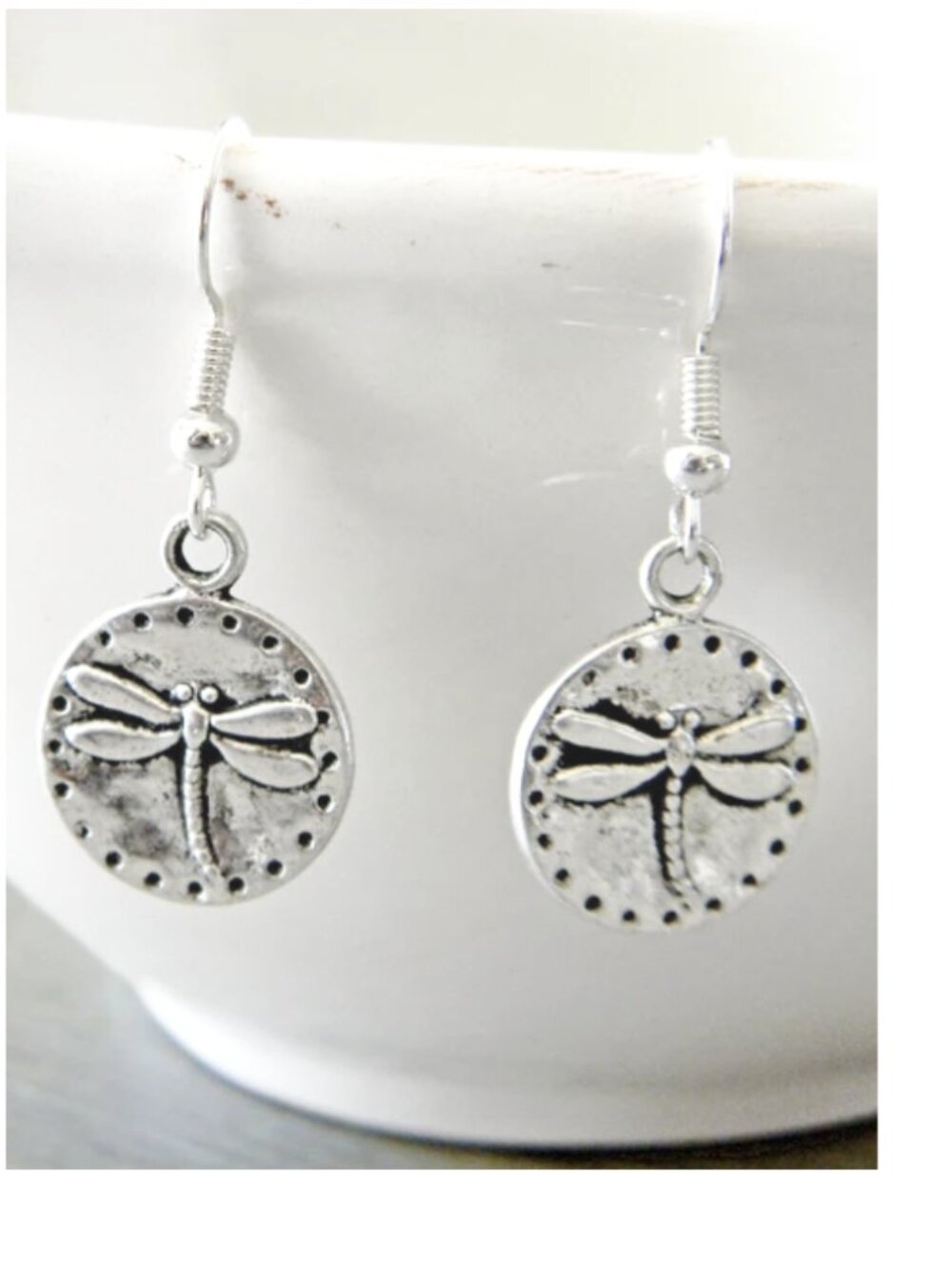 Embossed Dragonfly Silver Earrings Minimalist Whimsical Hippie Chic Flower Power
